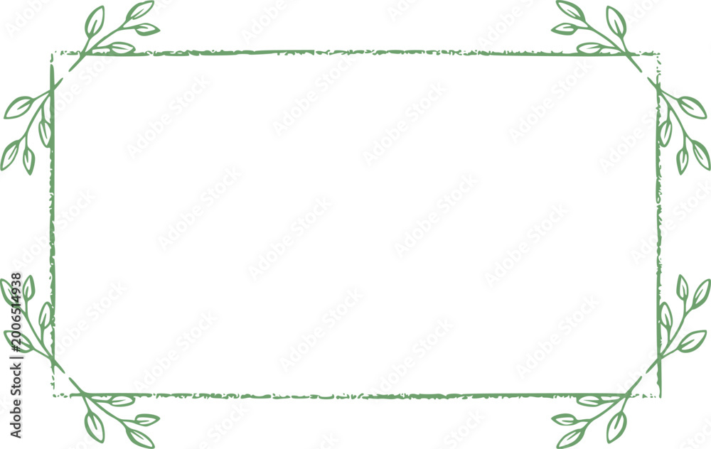 Fototapeta premium A minimal botanical frame with delicate green line leaves forming a soft rectangular border on a clean background. This elegant and simple design is perfect for invitations, cards, templates, and mode