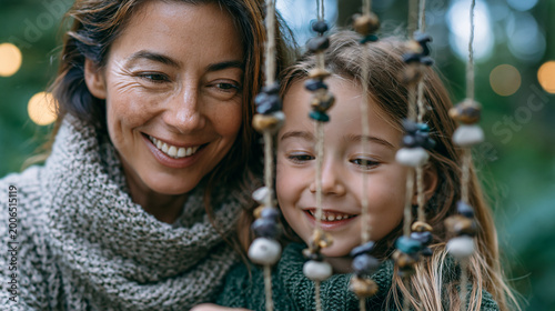Mother and daughter weaving a ceramic wind chime together at an outdoor spring workshop, unfired clay beads strung on hemp cord in dappled forest light, perfect for Mother's Day crafts, spring outdo