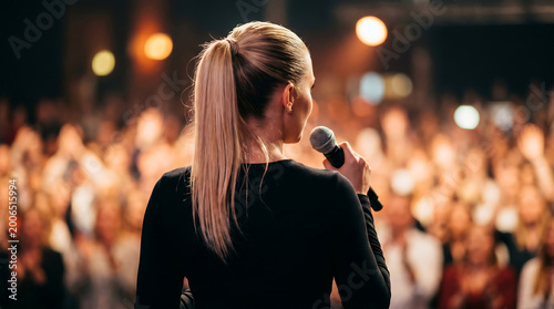 Blonde woman public speaker giving speech with microphone at seminar for business conference and leadership concept