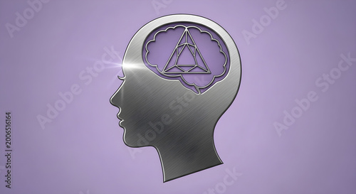 Metallic human head with triangle symbol inside brain on purple