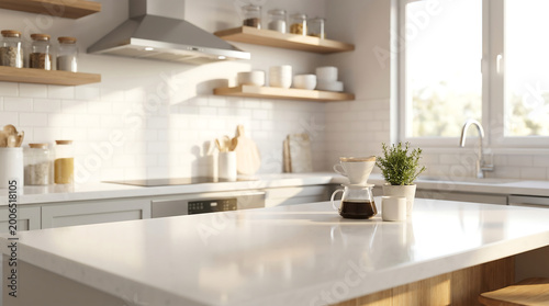 Kitchen island with coffee dripper and white tile wall background for morning lifestyle and cafe interior design