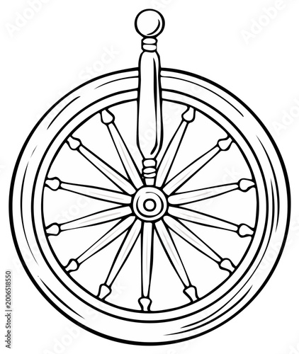 Black and white illustration of a spinning wheel isolated on white