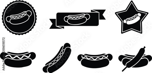 Hot dog icon set, simple outline, sausage in bun vector silhouette illustration line art.