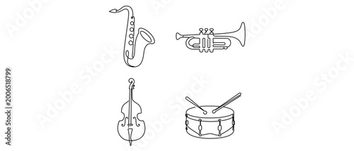 Jazz Musical Instruments Vector Icon Set with Editable Stroke. Collection of 4 Minimalist One Line Art Icons: Saxophone, Trumpet, Upright Bass, and Snare Drum for Bebop and Orchestra Music.