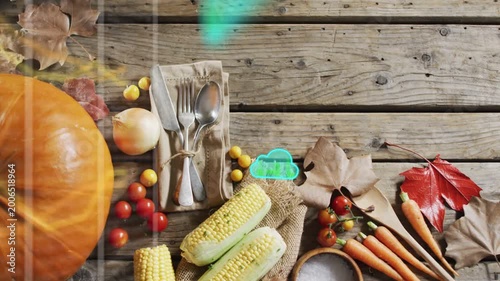 Turquoise clouds appearing and drifting over fall harvest, creating green glow to highlight produce