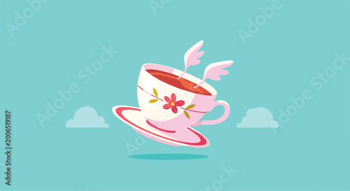 Bild auf Leinwand A whimsical pink teacup with wings floats amidst clouds