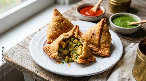 Golden samosas with spicy dips a delicious indian snack presentation