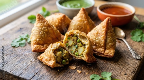 Delicious samosas with chutneys a savory indian snack presentation
