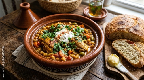 Rustic moroccan tagine with fresh herbs and crusty bread