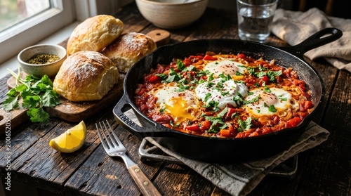 Shakshuka breakfast eggs poached in spicy tomato sauce with crusty bread