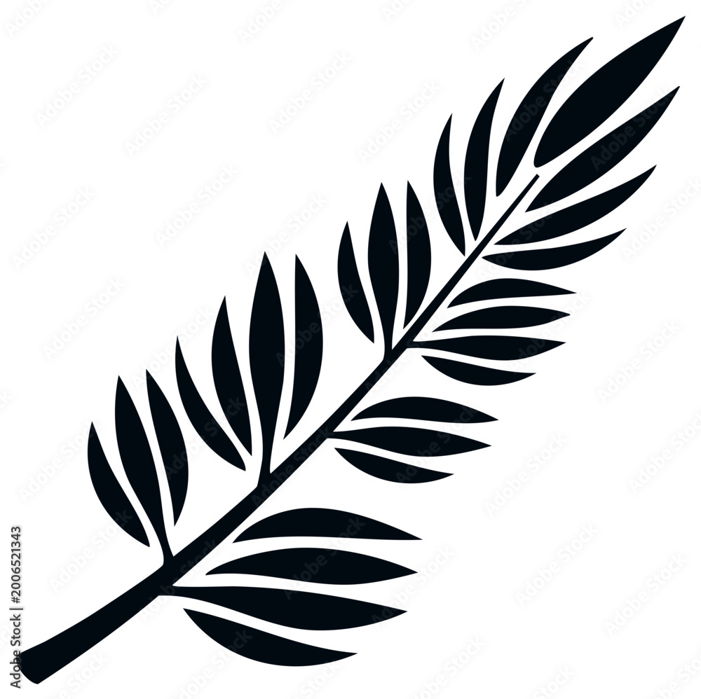 Fototapeta premium Stylized black palm frond silhouette. Minimalist tropical leaf vector icon for graphic design.