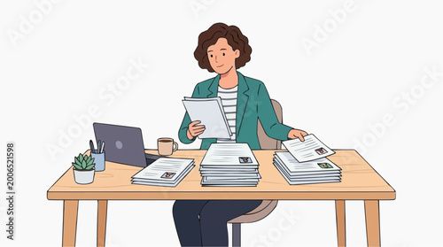 An efficient professional meticulously manages documents and digital work, multitasking at a wooden desk with a laptop and documents, emphasizing organization, focus, and productivity.