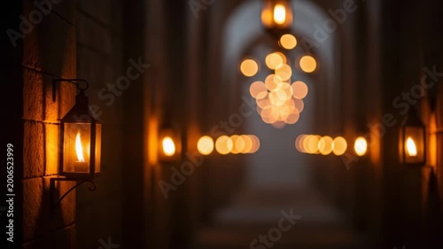 Ornate wall lantern in a hallway with deep perspective and bokeh