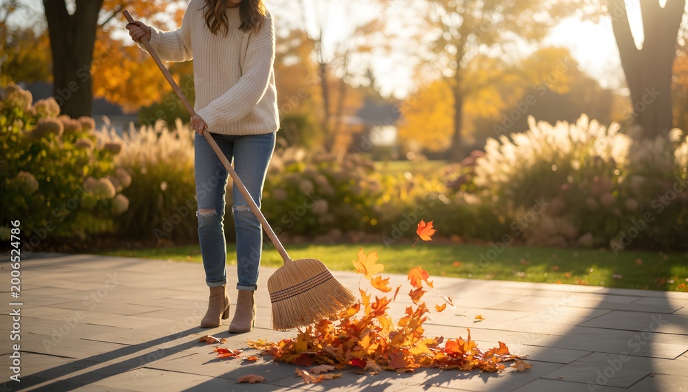 Obraz premium Woman sweeping leaves from yard during a golden autumn afternoon, cleaning the stone patio for a seasonal home maintenance concept with warm sunlight and fall foliage