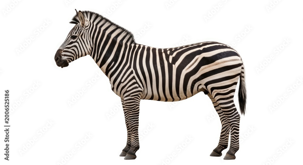 Fototapeta premium Striped Zebra Standing in Side Profile on White Background