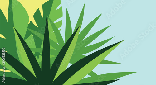 Tablou pe pânză A vibrant illustration of green leaves against a light blue background