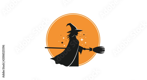 Obraz na płótnie A witch silhouette against an orange moon with sparkles