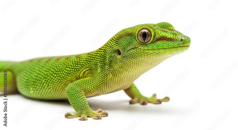 Fototapeta premium Bright Green Gecko Standing on Clean White Studio Background