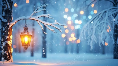 Frosted tree branch with a glowing lantern and winter bokeh