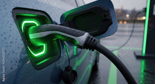 electric vehicle charging station with green illuminated socket close up alternative energy auto aut