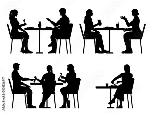 set of people dining side view silhouette, group of friends eating and talking in restaurant concept. black shadow vector illustration for architectural elevation, section.