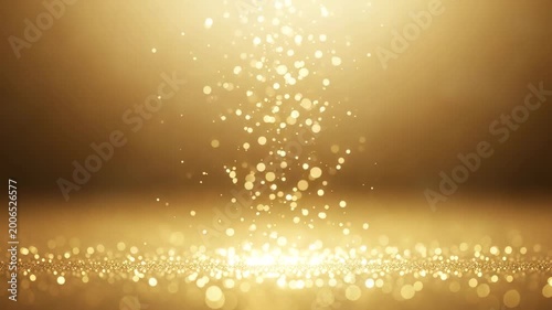 Magical golden particles rising from a bright light source on a dark background