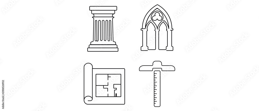 Obraz premium Classical Architecture and History Vector Icon Set with Editable Stroke featuring Doric Column, Gothic Arch, Blueprint Floor Plan, and T-Square Drafting Tool for Design and Archaeology.