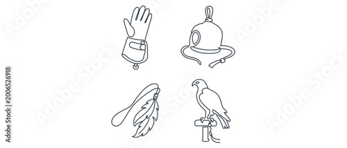 Medieval Falconry Collection of 4 Editable Stroke Vector Icons featuring Leather Gauntlet, Falcon Hood, Feathered Lure, and Perched Hawk for Historical, Sport, and Archaeological Design.