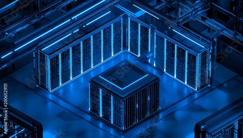 Isometric server room with glowing racks and clean layout
