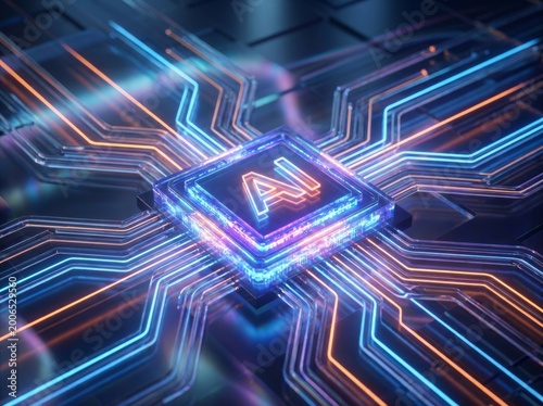 Glowing AI Microchip With Neon Circuit Pathways And Core.