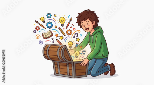 A young individual discovers a treasure chest filled with tools and inspiration, representing creativity and innovation. A visual metaphor for unlocking potential.