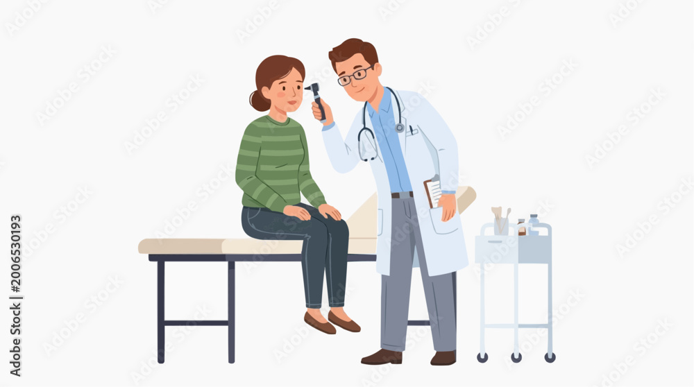 Obraz premium A doctor examines a female patient, using an otoscope in a clinical setting to check her ear, with gentle care.