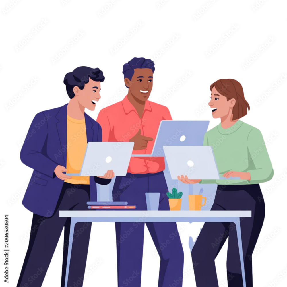 Fototapeta premium Four professionals collaborating over laptop in modern office workspace Vector