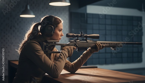 Young woman aiming rifle in shooting range for precision training concept. Professional female marksman wearing ear protection during target practice indoors at a firing range