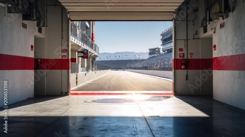 Sunlit racetrack viewed through an open garage door, leading to grandstands