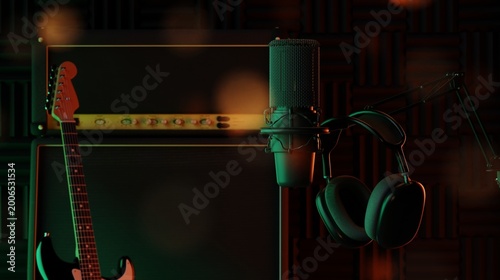 Cozy Music Studio with Electric Guitar, Amplifier, Microphone, and Headphones in Warm Ambient Lighting
