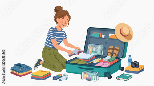 A woman packing suitcase, preparing for her journey, filled with anticipation and essential travel items, ready for her next adventure.