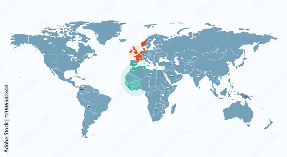 Fototapeta premium A world map with highlighted regions