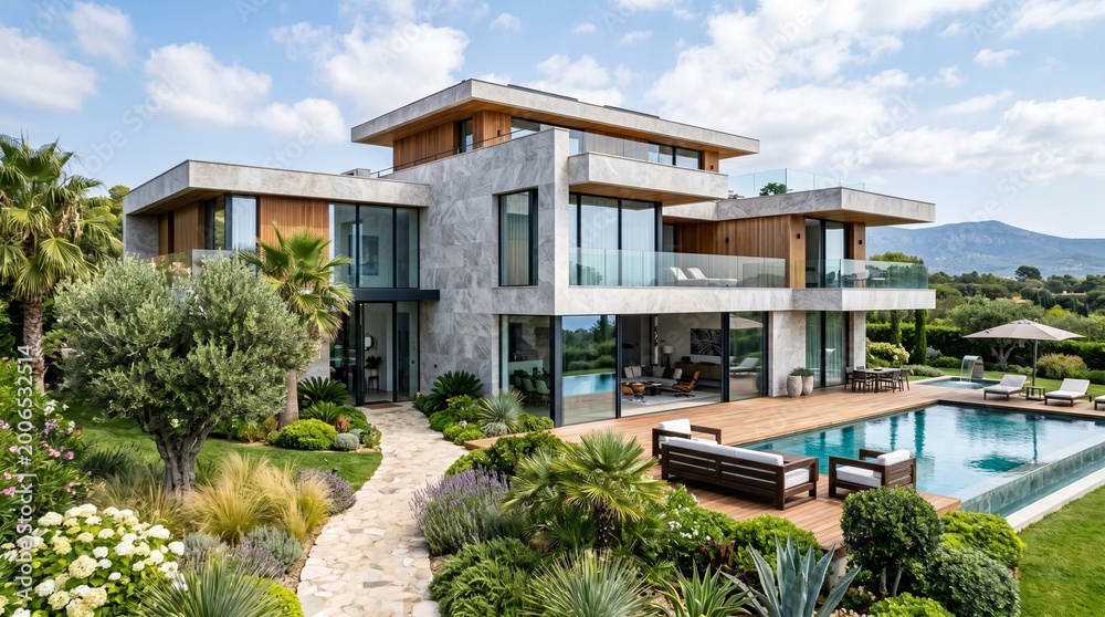 Fototapeta premium A stunning contemporary luxury villa featuring sleek stone facades, expansive glass walls, a private swimming pool, and lush Mediterranean landscaping under a clear blue sky.