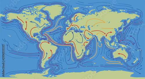 Bild auf Leinwand A world map with ocean currents and wind patterns