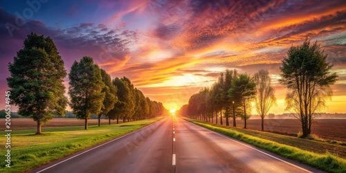 Asphalt road lined with trees at sunset, leading towards a radiant horizon