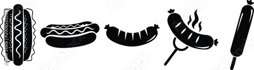 Hot dog set collection of black silhouette vector illustration elements on white background.