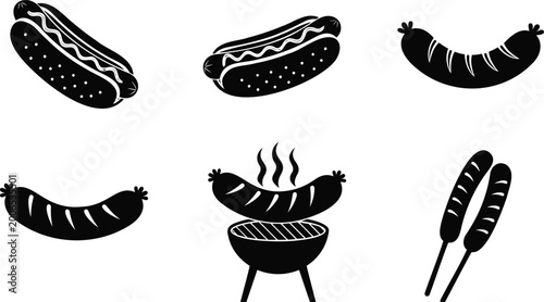 Set of grilled hot dogs and sausages vector silhouette illustration line art icons.