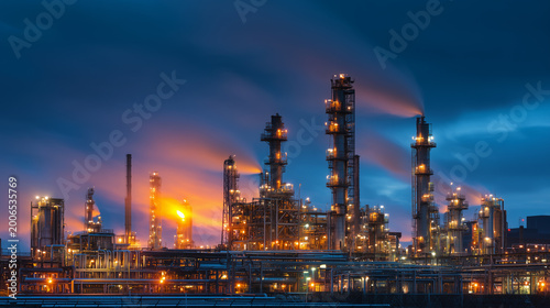 Night view of a working industrial factory, industry and production in the city