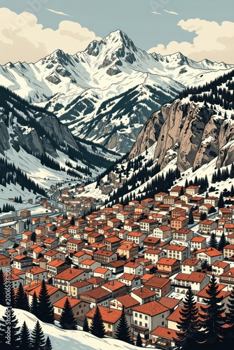 Alpine Town Nestled in Snowy Mountain Landscape