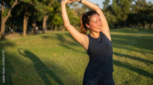 A beautiful young Asian woman stretching her arms overhead in a park during the afternoon.