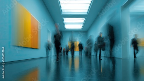 Blurred figures walk through a brightly lit, modern art gallery hallway