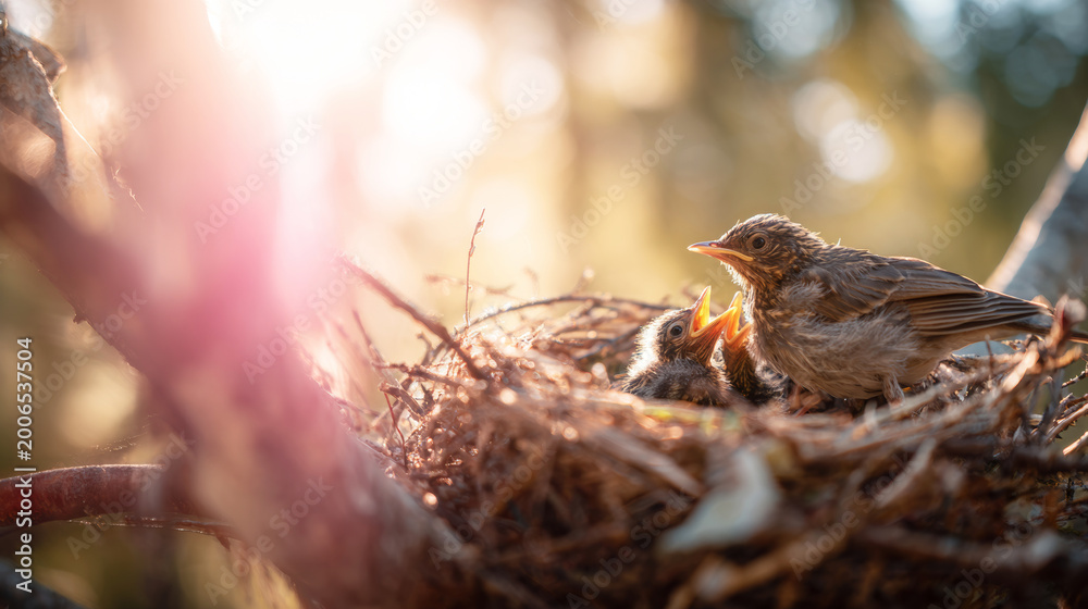 Naklejka premium Bird in nest with hungry chicks, parent feeding young. Natural forest lighting creating a wild bird family parenting moment