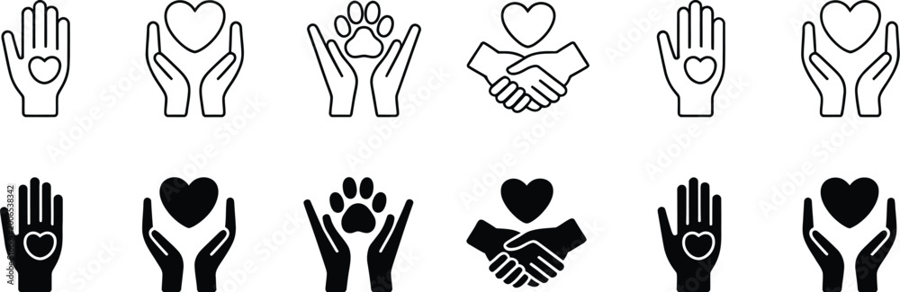 Fototapeta premium Set of charity and support hand gesture icons including helping love care handshake minimal outline vector illustration design 