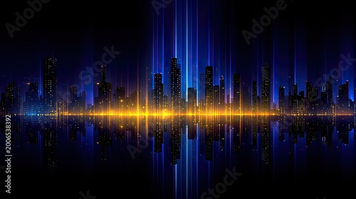 Abstract cityscape with glowing yellow and blue lights, reflecting on water
